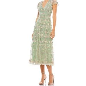 New W/O tags.  Mag Duggal sage green dress with embroidered flowers.